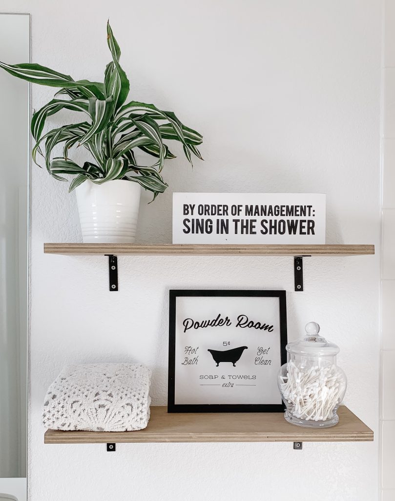 shelves in bathroom with decor and plant on it.