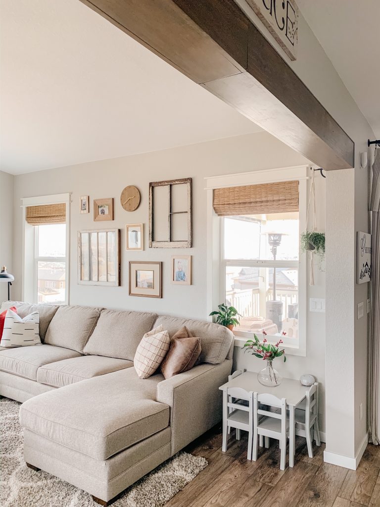 faux wood beam in a living room