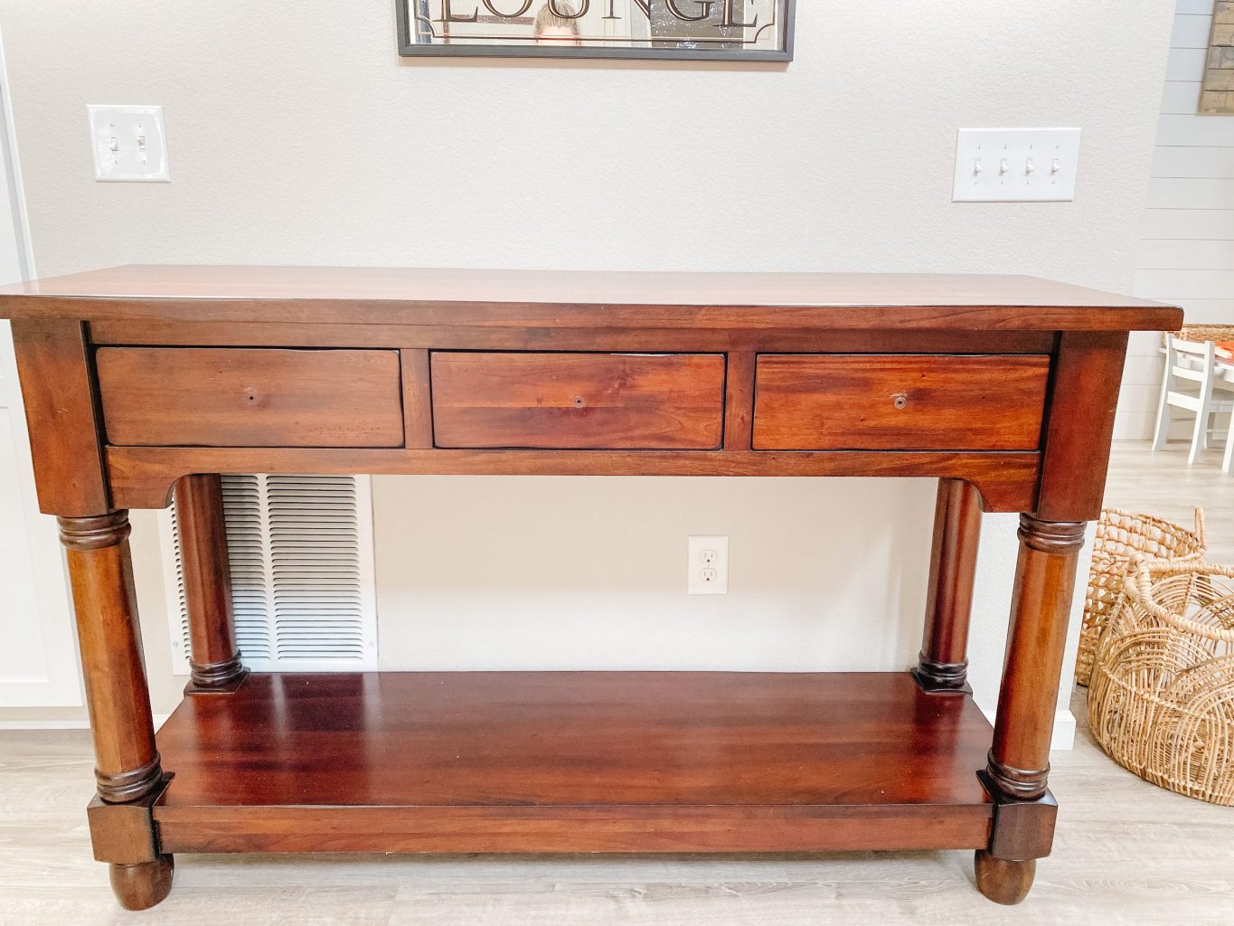 before photo of stained mahogany wood entry console table