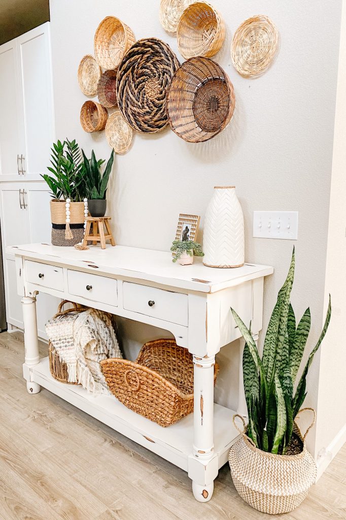 diy chalk paint table with plants and baskets