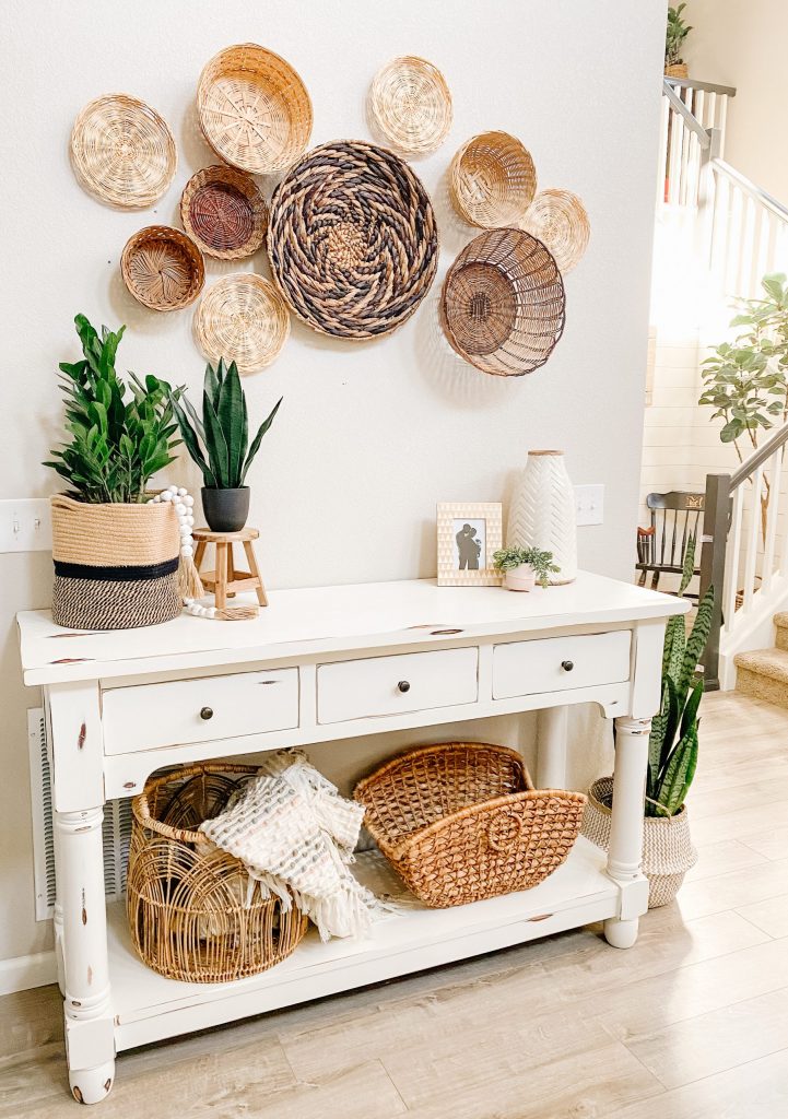 diy chalk paint table with plants and baskets