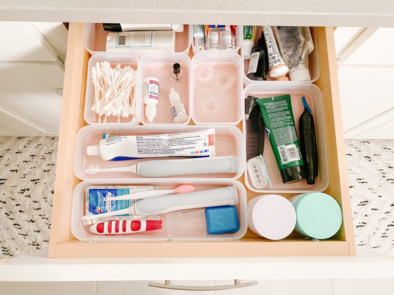 top bathroom drawer with organizer bins