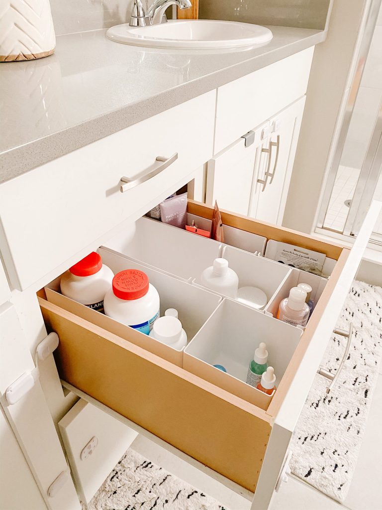bathroom drawer with organizer bins