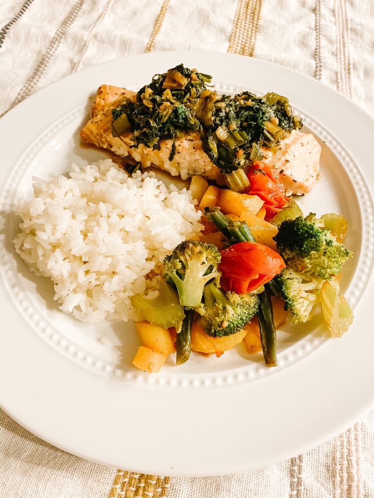 cilantro soy salmon with sautéed veggies and rice