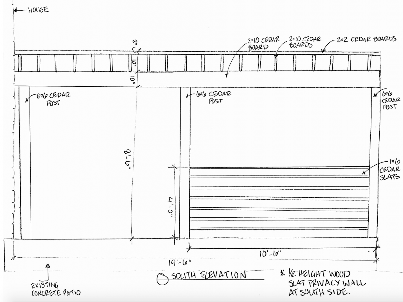 DIY Pergola Plan - South Elevation with Half Height Privacy Wall