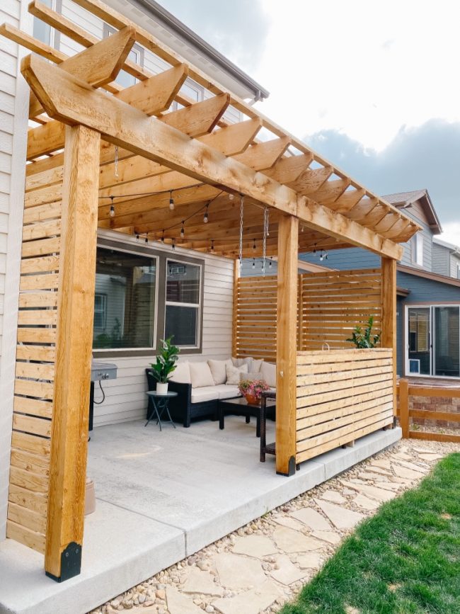 DIY Pergola: How to Build a Pergola on a Patio with Wood Slat Privacy ...