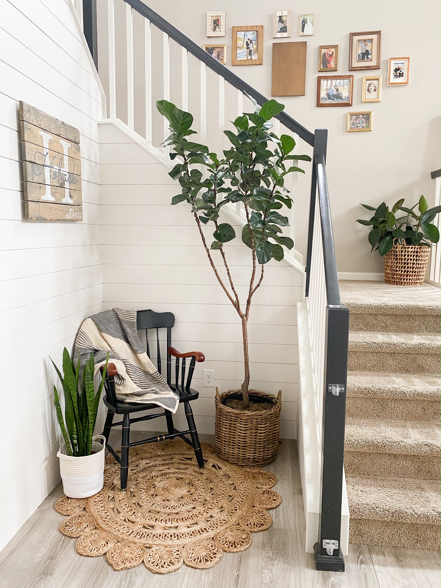 stairway with shiplap and white paint