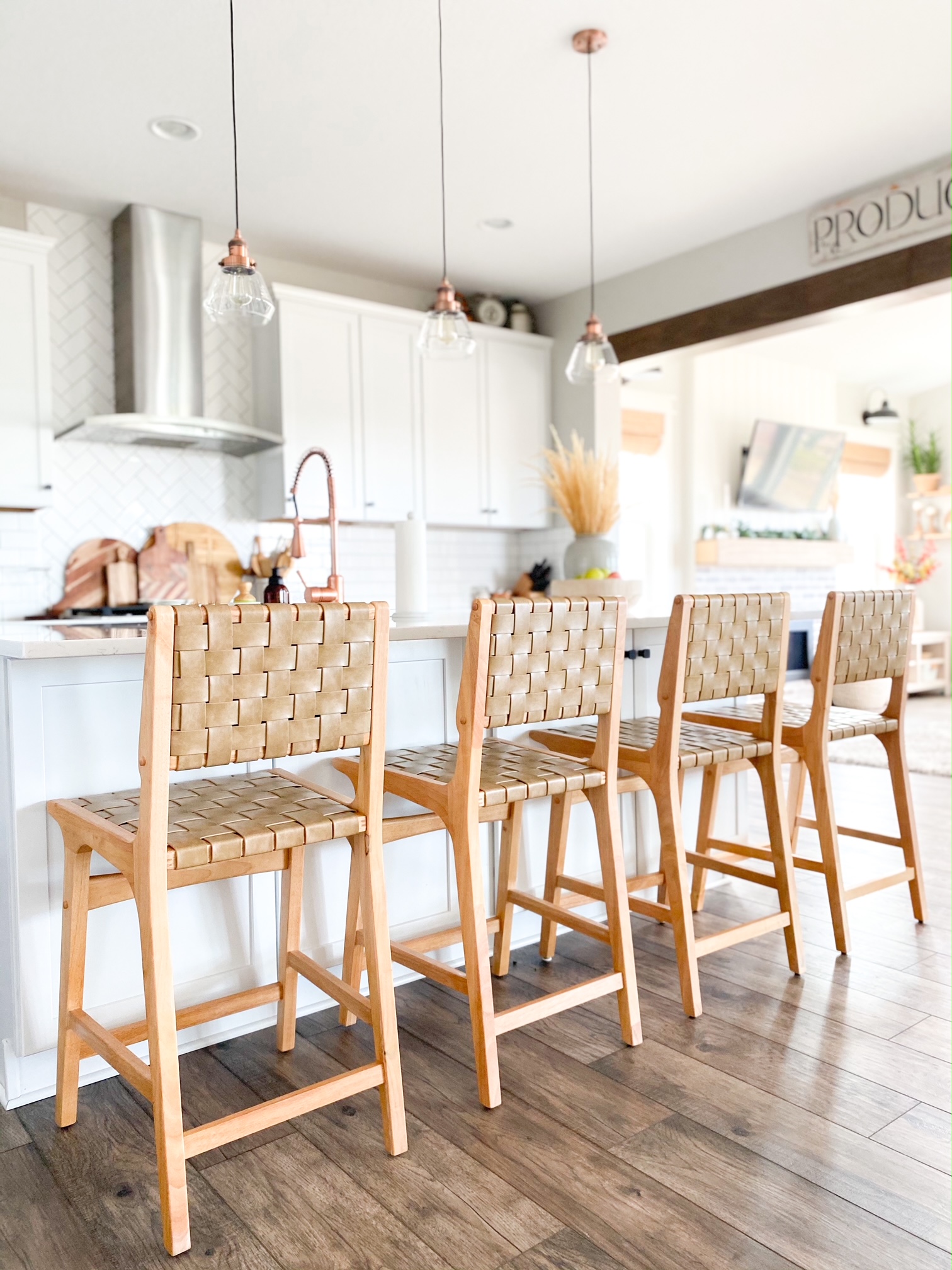 boho bar stools in white kitchen