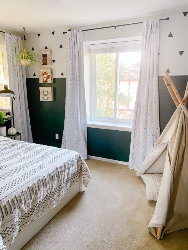 Boys Boho Bedroom Idea with Colorblock Wall - Sprucing Up Mamahood