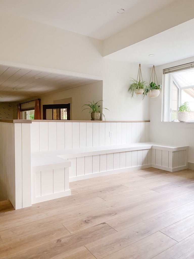 kitchen banquette bench with white shiplap