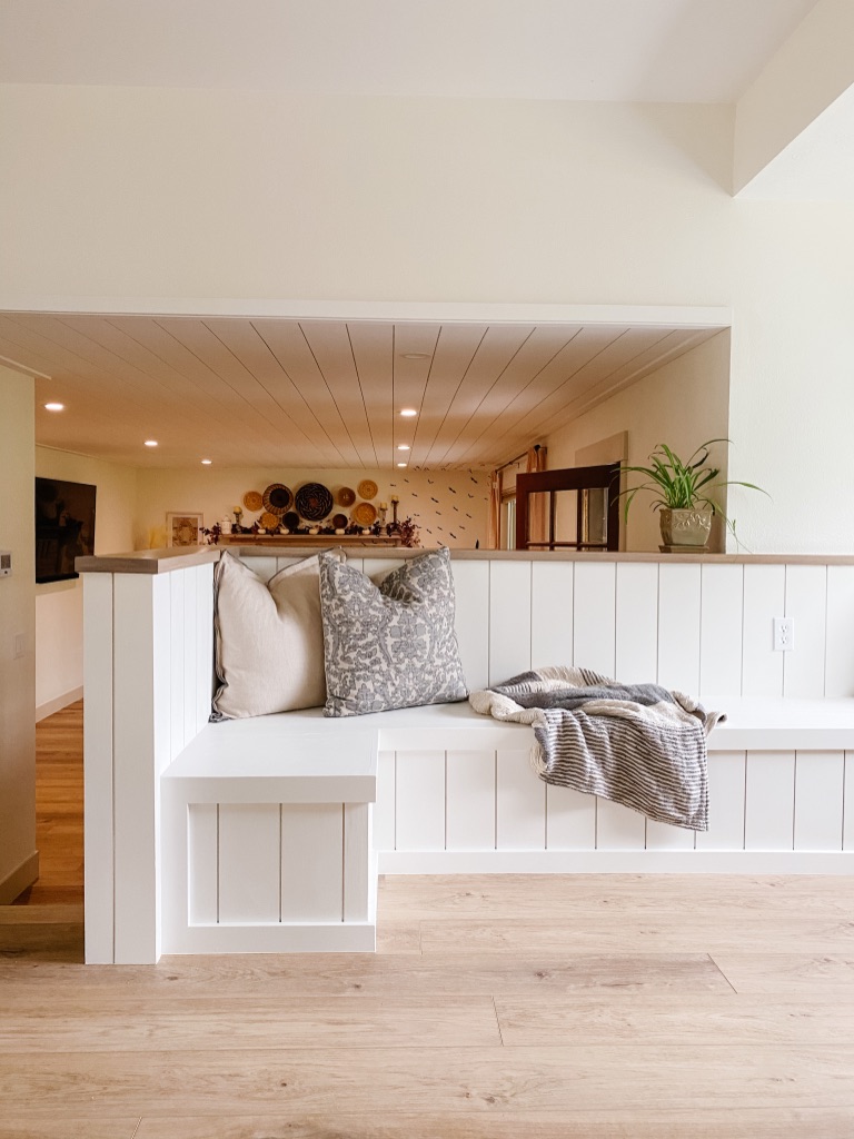 kitchen banquette bench with white shiplap