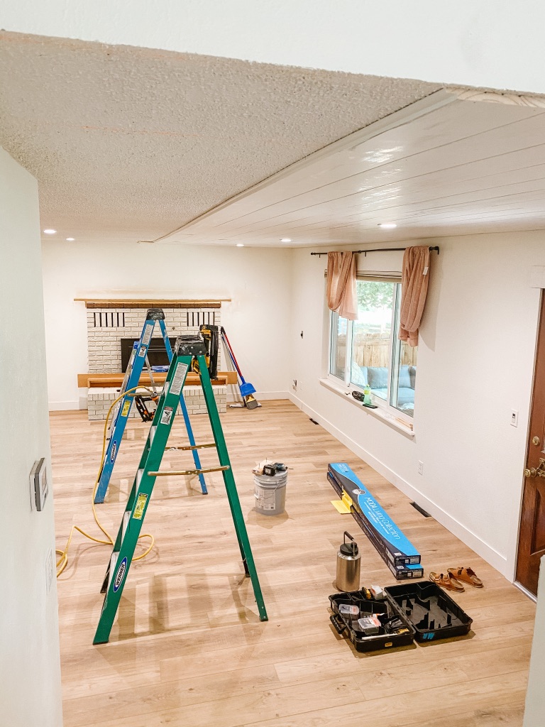 how to cover a popcorn ceiling with shiplap
