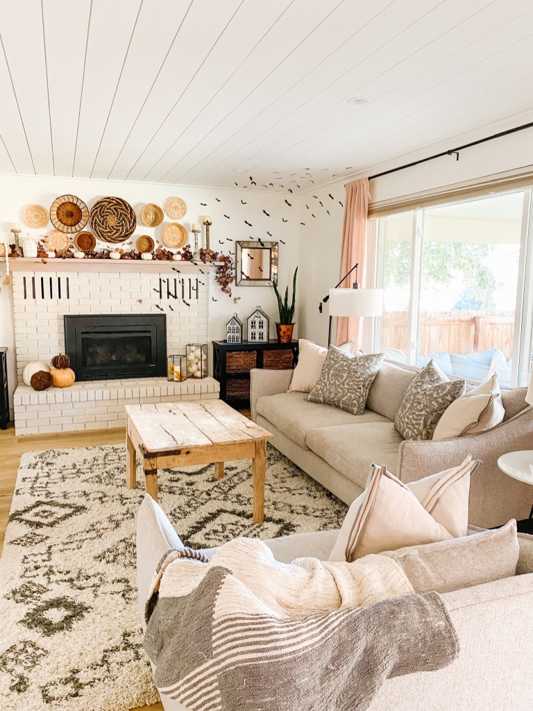 shiplap ceiling at boho family room