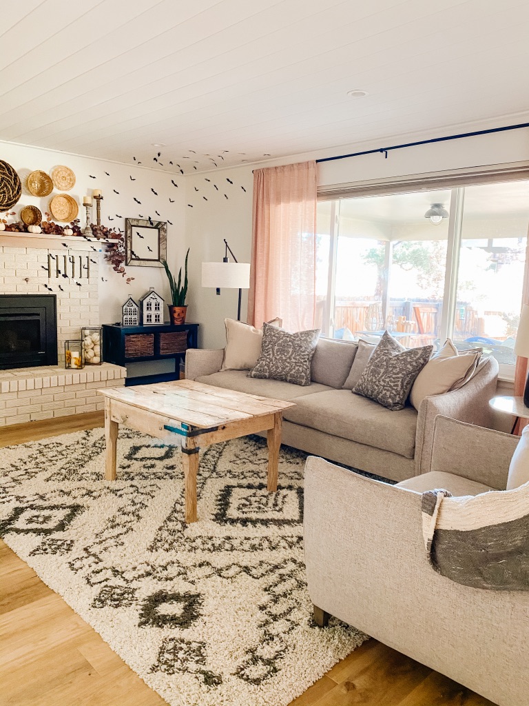 boho style family room with neutral shag rug and woodley's furniture