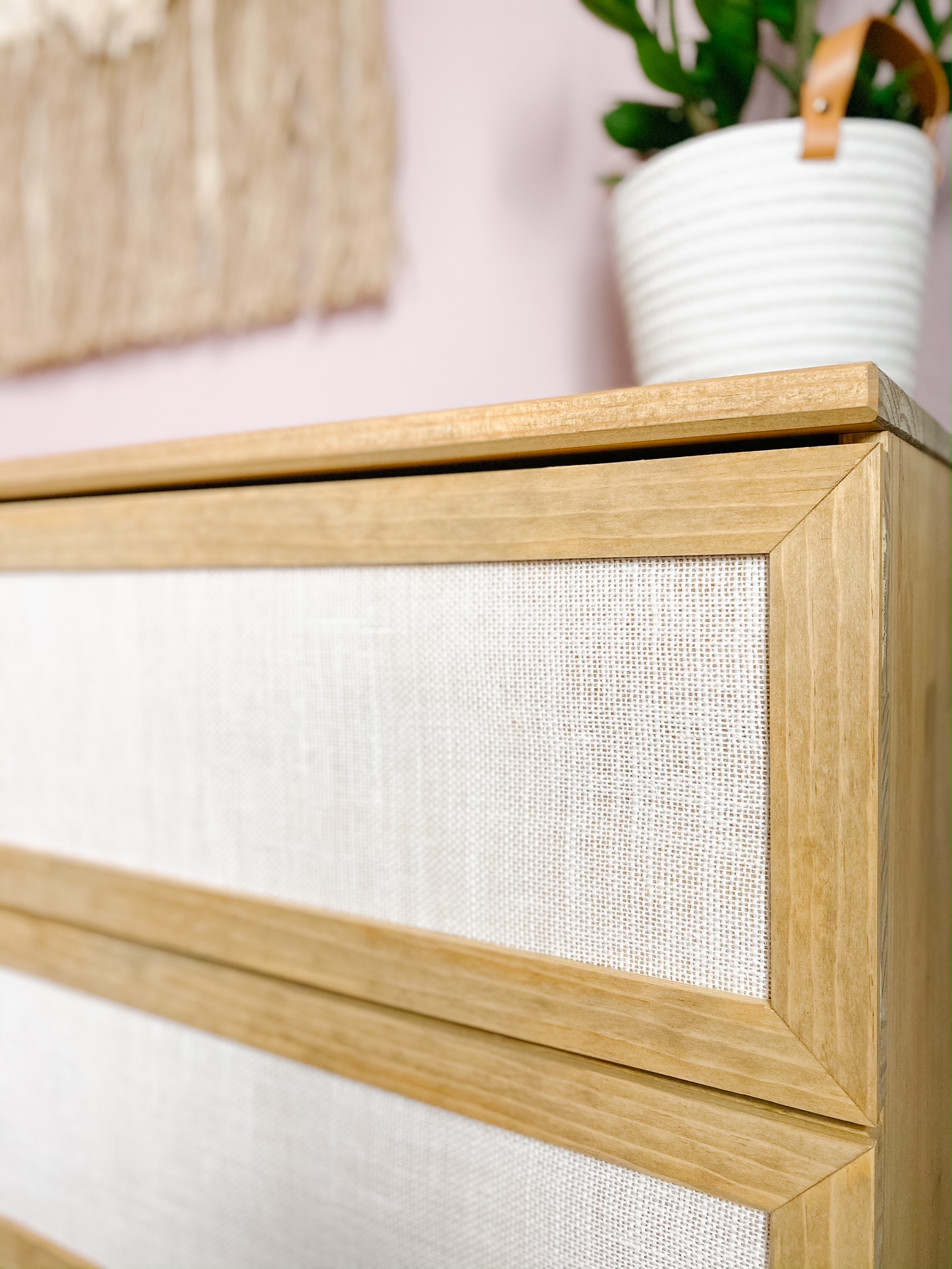 Ikea dresser hack up close view of the burlap