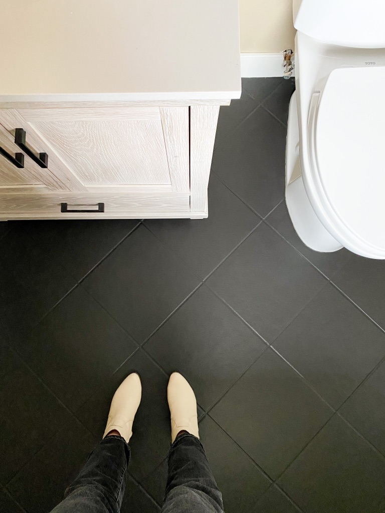 Rustoleum Floor Cover Tile Floor Plaint in Black with a Matte Top Coatin Small Master Bathroom