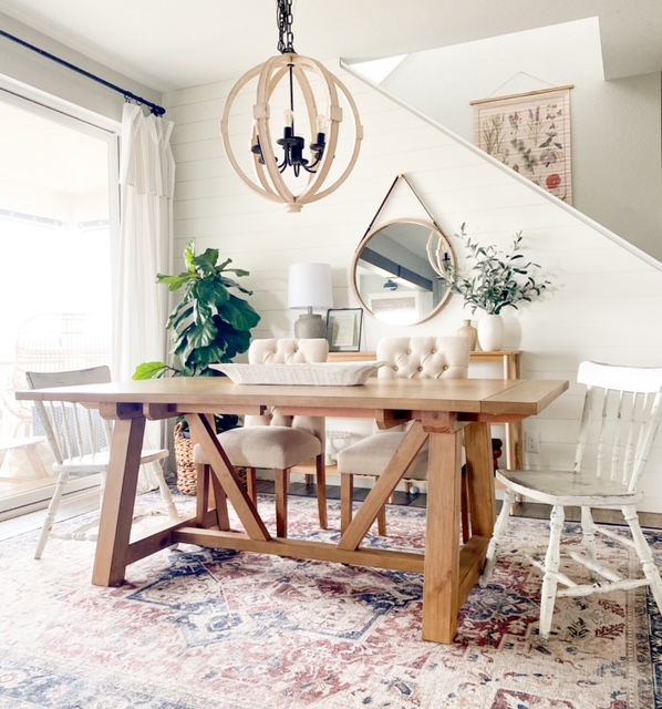 Farmhouse table deals with leather chairs