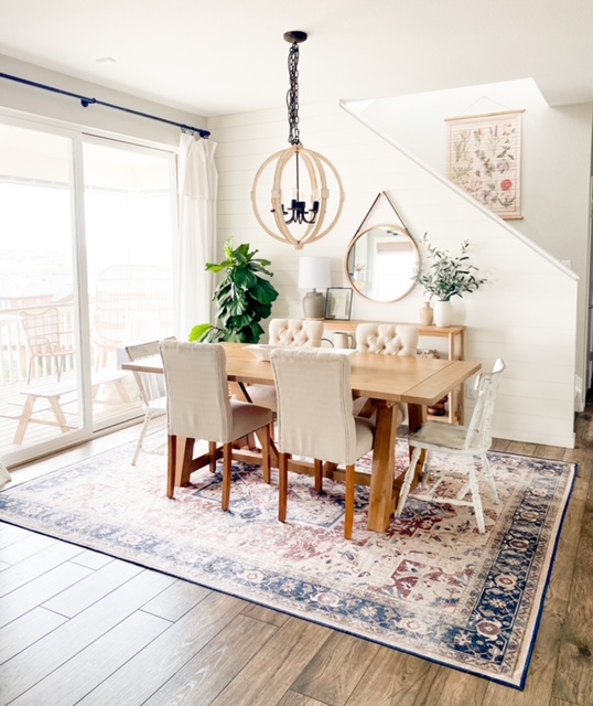 Boho dining room rug with farmhouse World Market table.