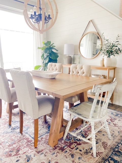 Affordable farmhouse table in a bright and airy dining room!