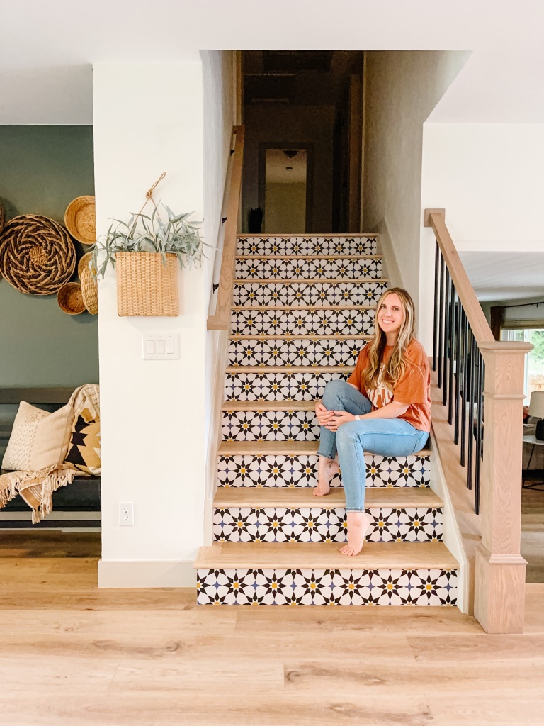 Colorful DIY Stair Risers with Peel and Stick Wallpaper - Sprucing Up