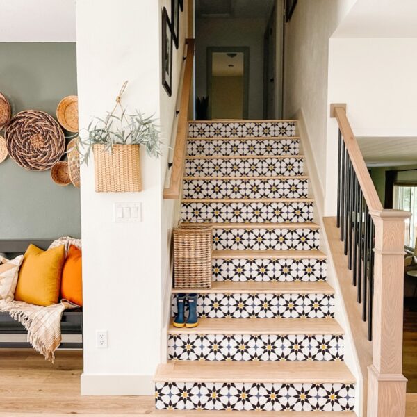 Colorful DIY Stair Risers with Peel and Stick Wallpaper
