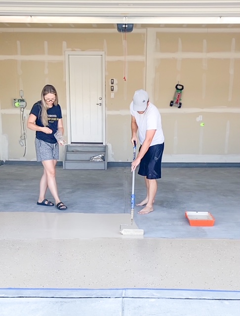 painting on garage epoxy floors and applying paint chips.