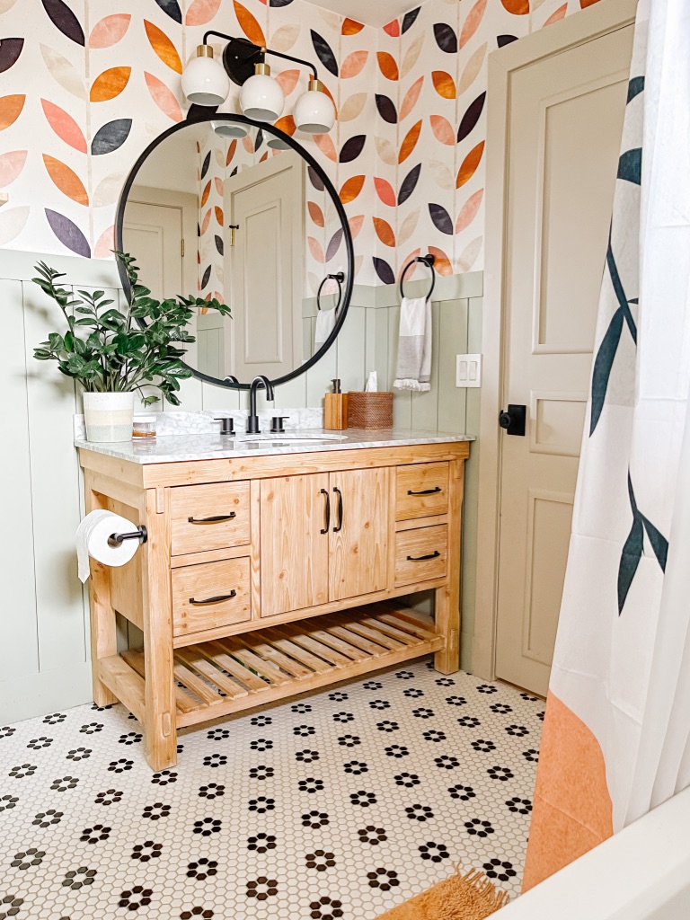 colorful boho 1970's bathroom remodel