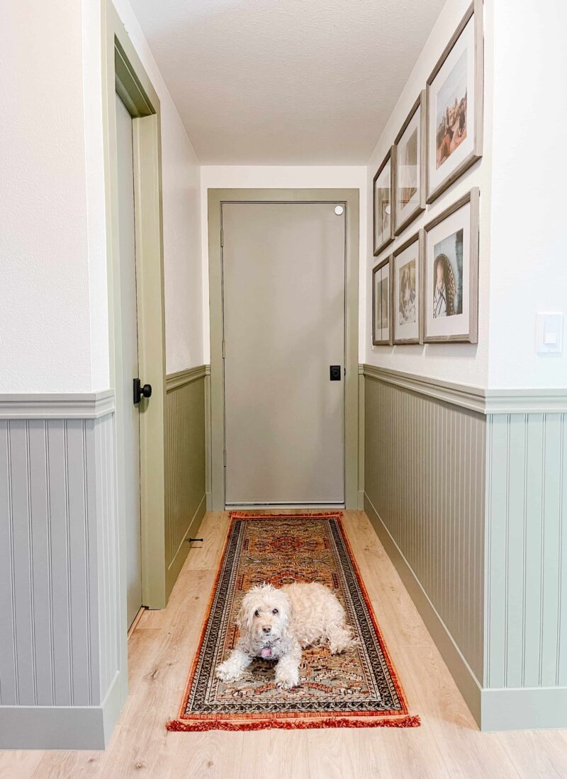 Colorful sage green beadboard at small mudroom hallway with colorful terracotta boho runner