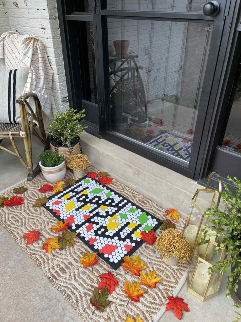 fall front porch decor with letterfolk fall tile mat design