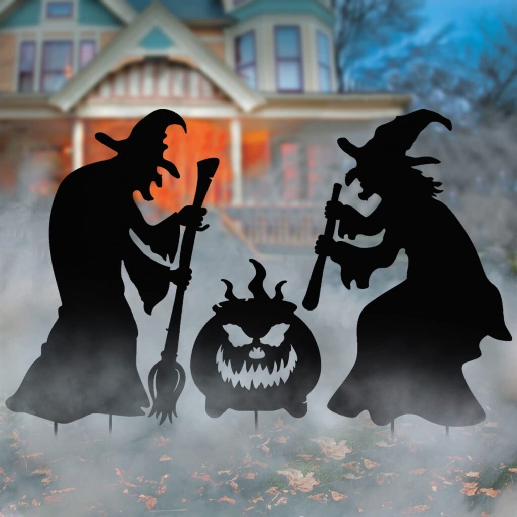Halloween porch decor witch and pumpkin lawn stakes