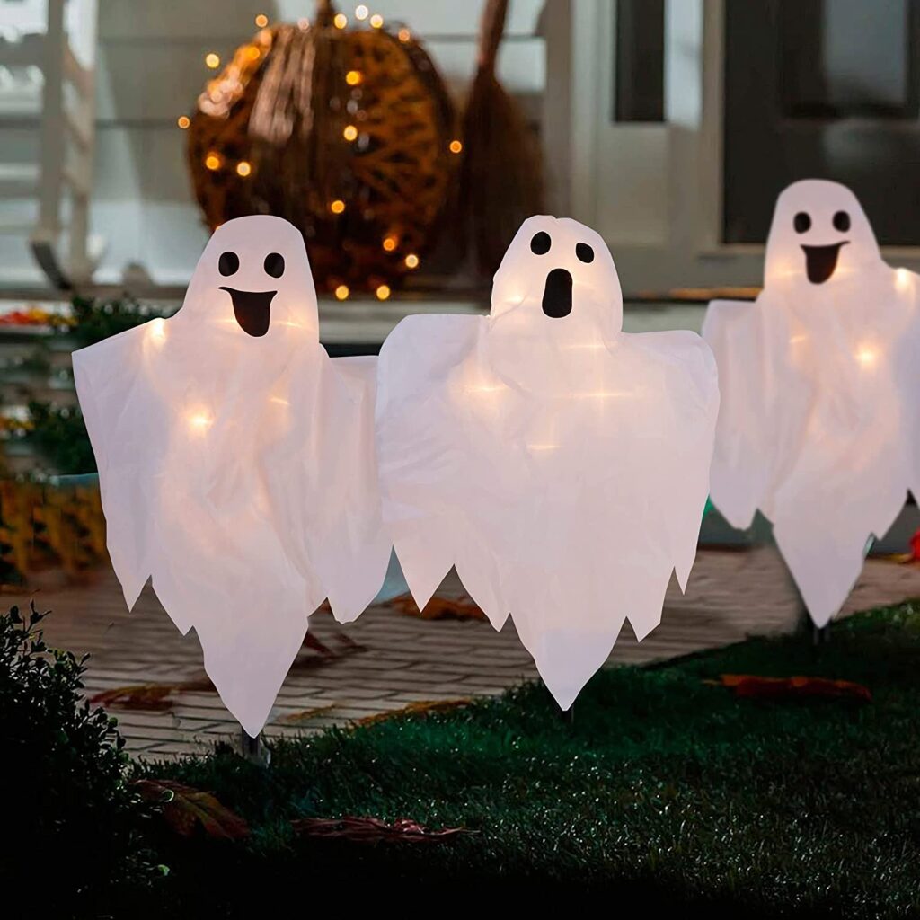 Halloween porch decor white ghost garden stakes