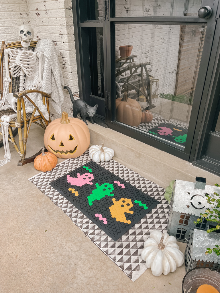 halloween porch decor with letterfolk tile mat halloween design, large diy spooky pumpkin decor and 5 foot posable skeleton