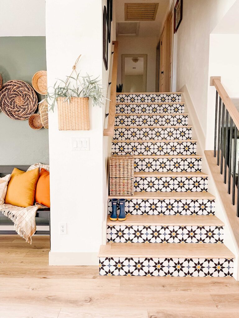 Tempaper Peel and Stick Wallpaper with morrocan star tile pattern on stair risers
