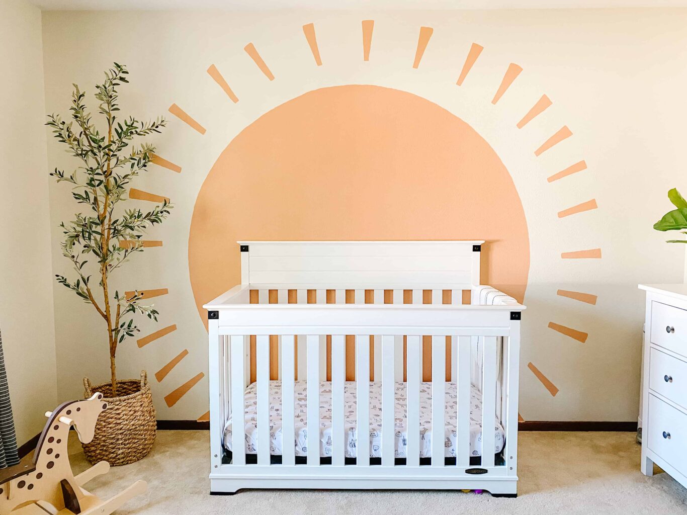 Boho Gender Neutral Nursery with Sun Mural
