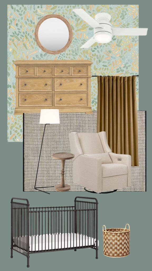 Design Board for Colorful Boy Nursery with Wallpaper and Contrast Trim