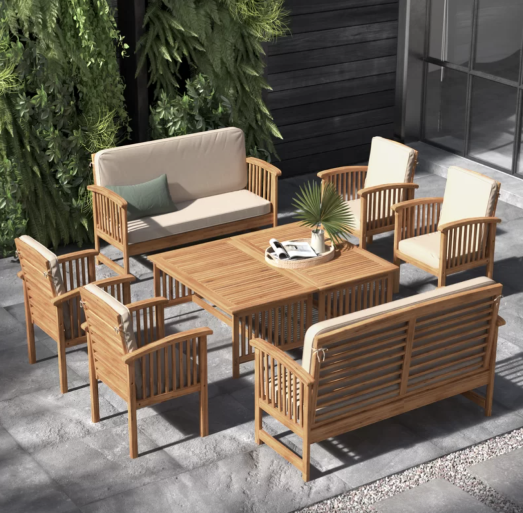 Amorae Solid Wood Seating Group - wood and white cushion patio set