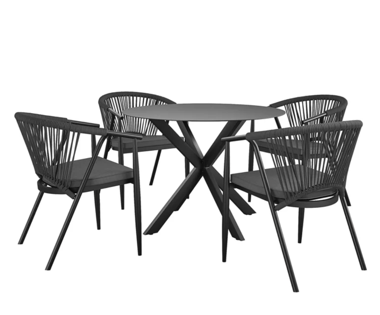 circular black outdoor dining table and chairs