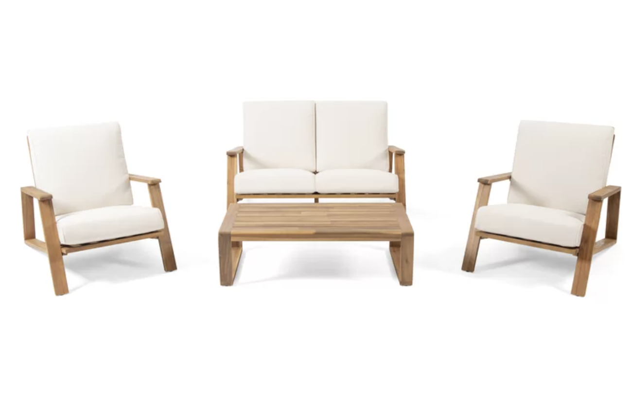 wood patio chair set with white cushions
