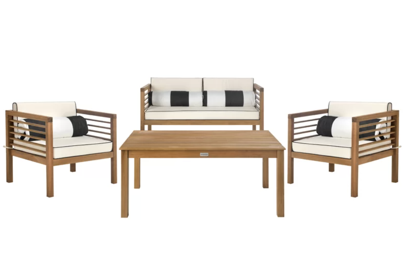 wood and white cushion patio furniture