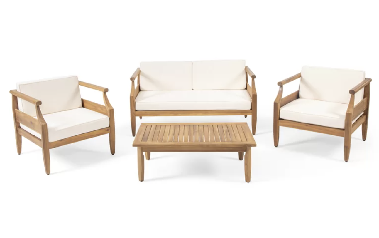 Mcclurg Seating Group - tan wood with white cushions patio set