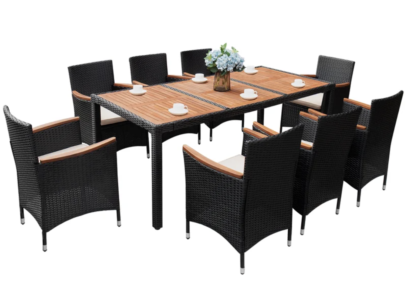 wood and wicker outdoor dining table set